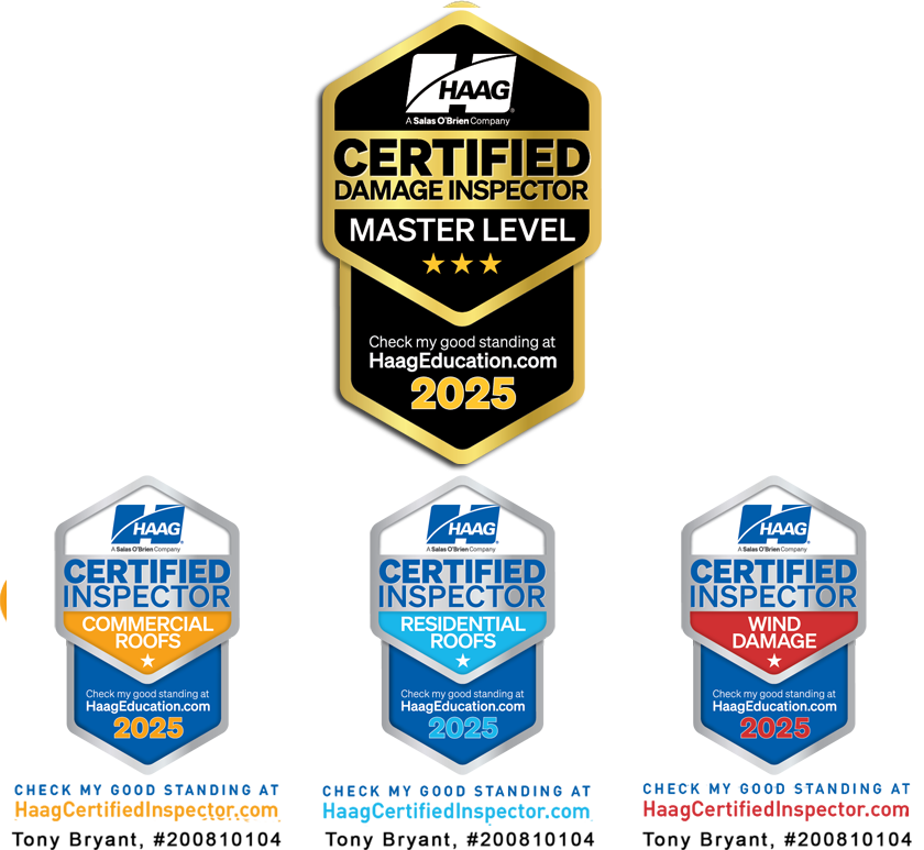HAAG Certified Inspector badges for 2025, including Master Level Damage Inspector, Commercial Roofs, Residential Roofs, and Wind Damage certification